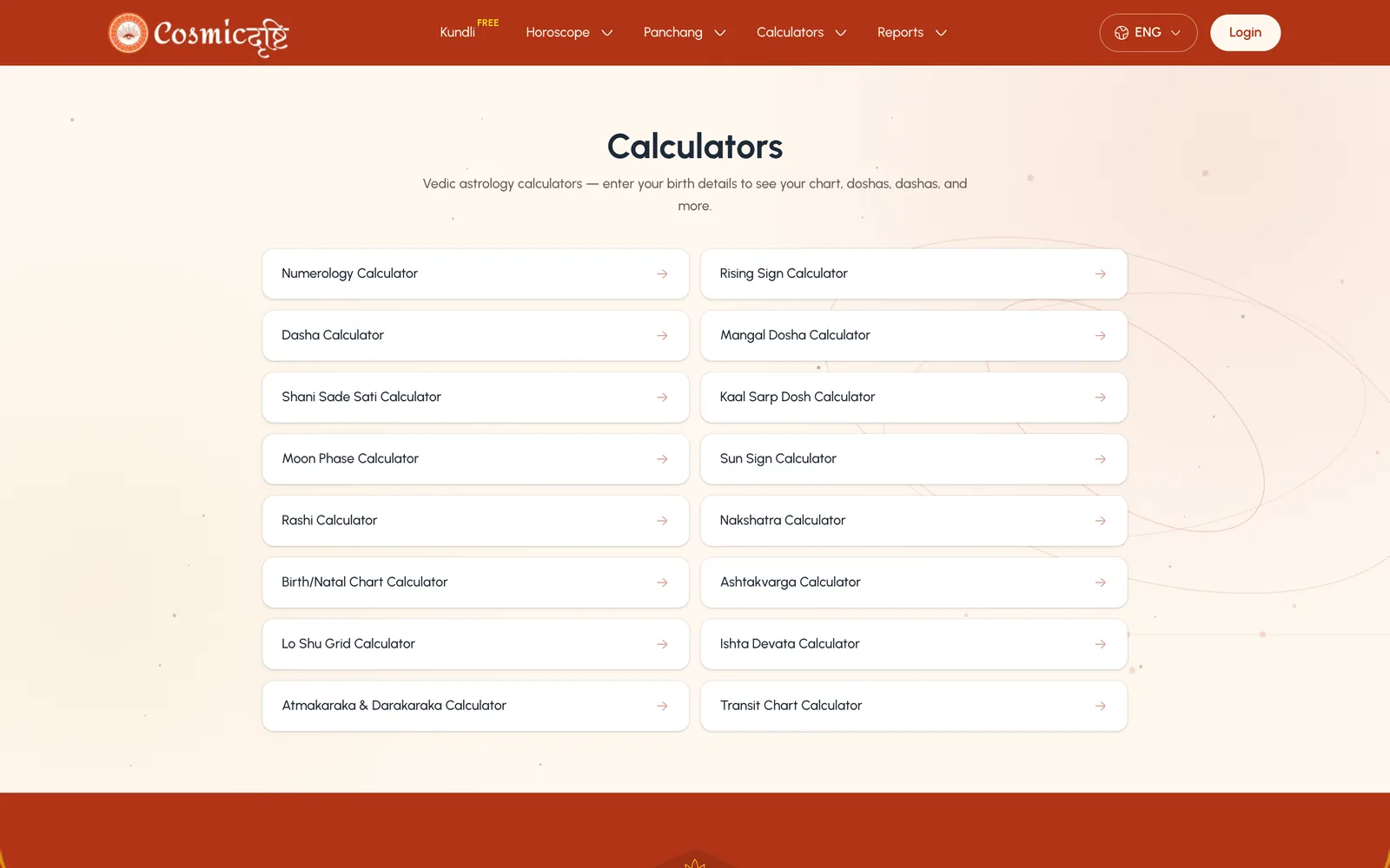 List of seventeen Vedic astrology calculators