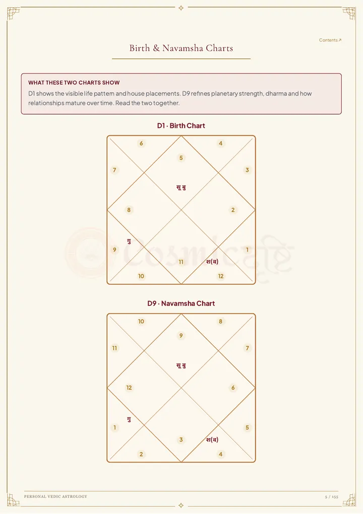 Birth and navamsa chart page