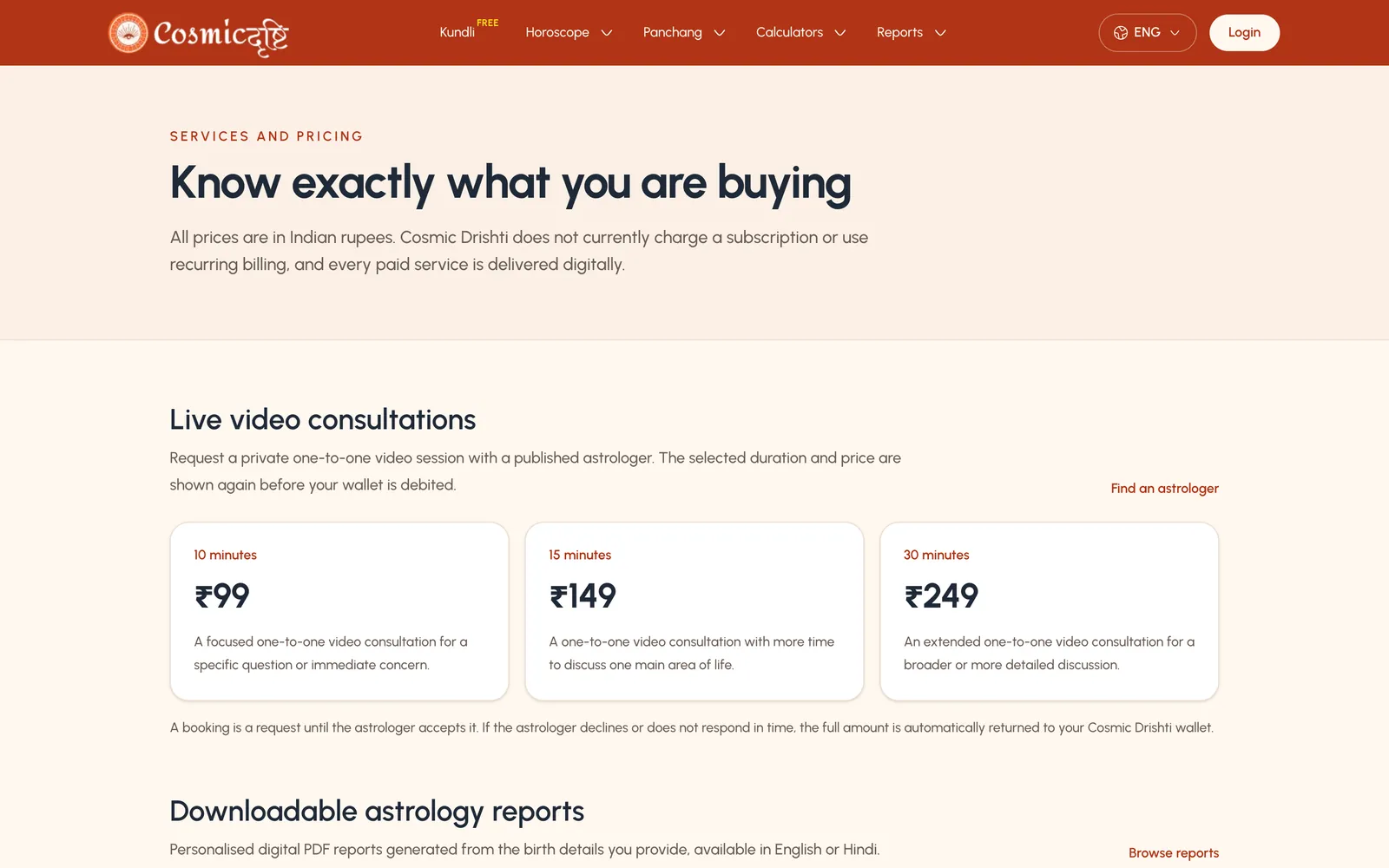 Pricing page showing consultation prices for 10, 15 and 30 minutes