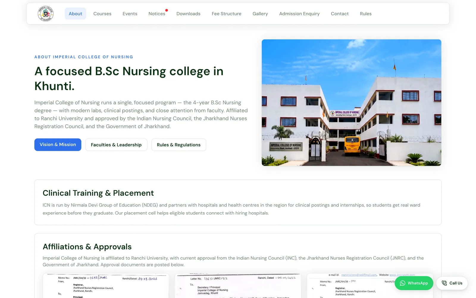 About page describing a focused B.Sc Nursing college in Khunti