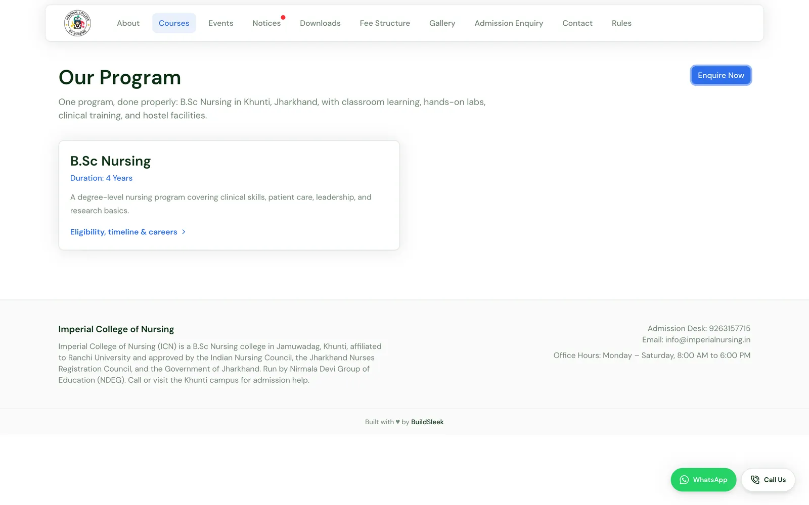 Our Program page showing the B.Sc Nursing course