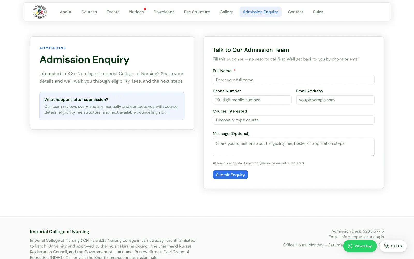Admission enquiry form for Imperial College of Nursing