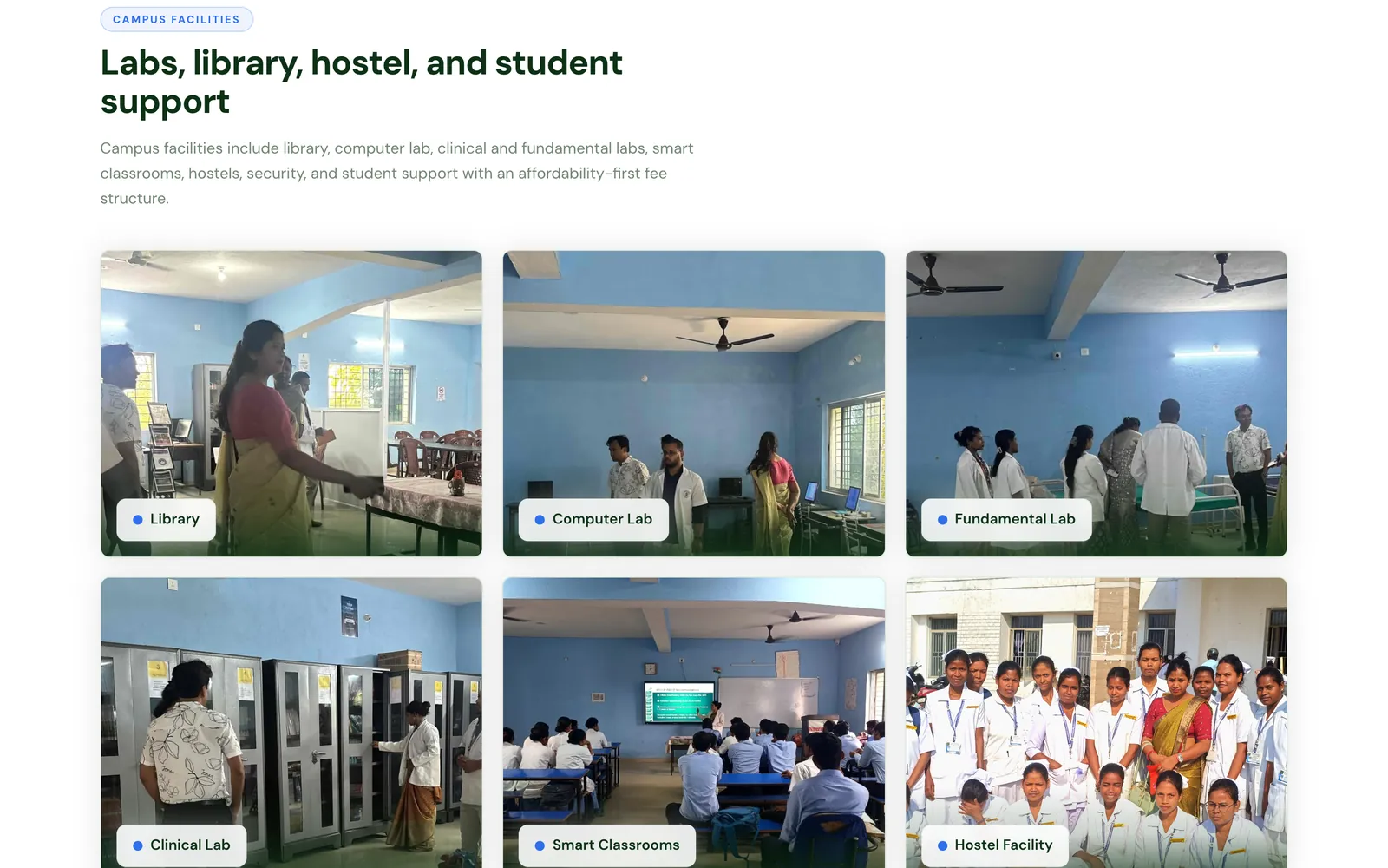 Campus facilities including library, labs and smart classrooms