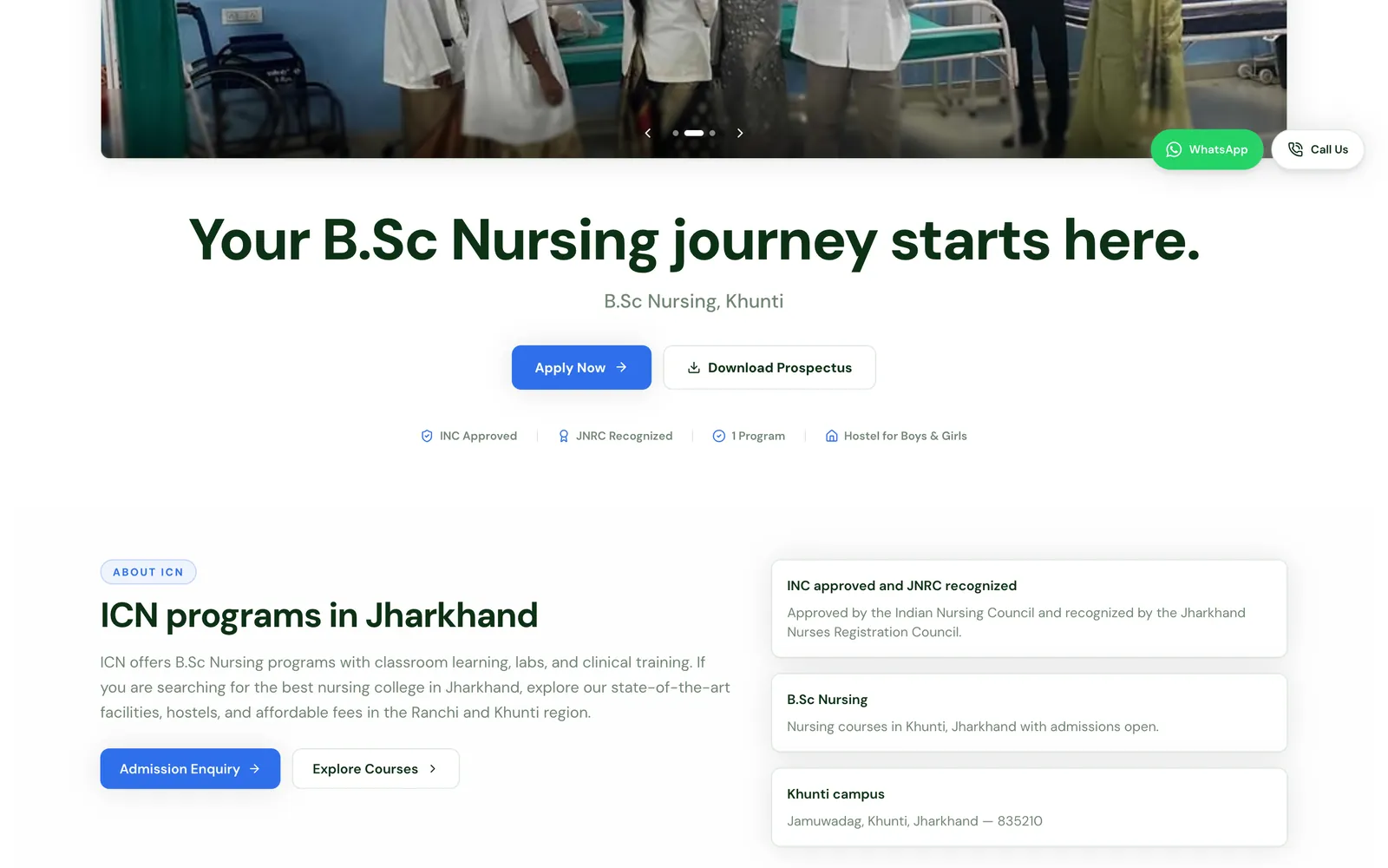 Home page intro with the headline Your B.Sc Nursing journey starts here