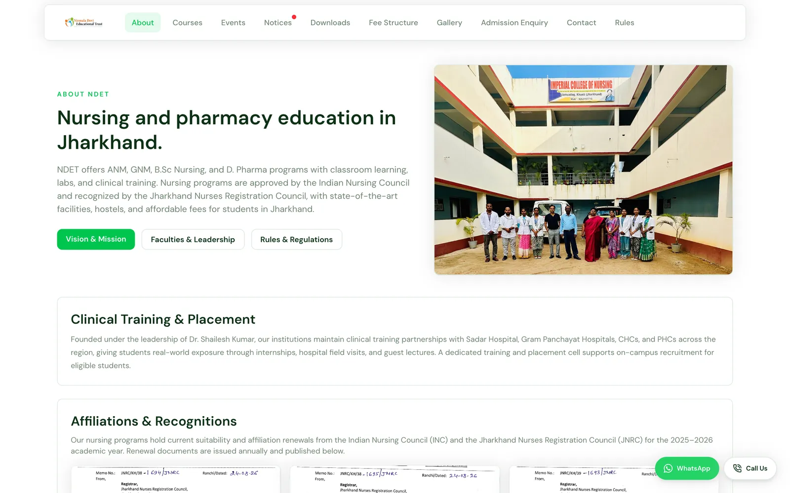 About page with clinical training details and affiliation documents