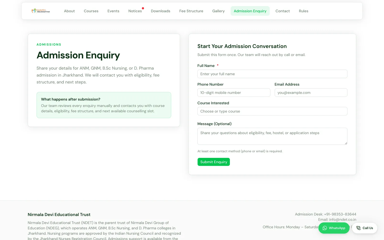 Admission enquiry form