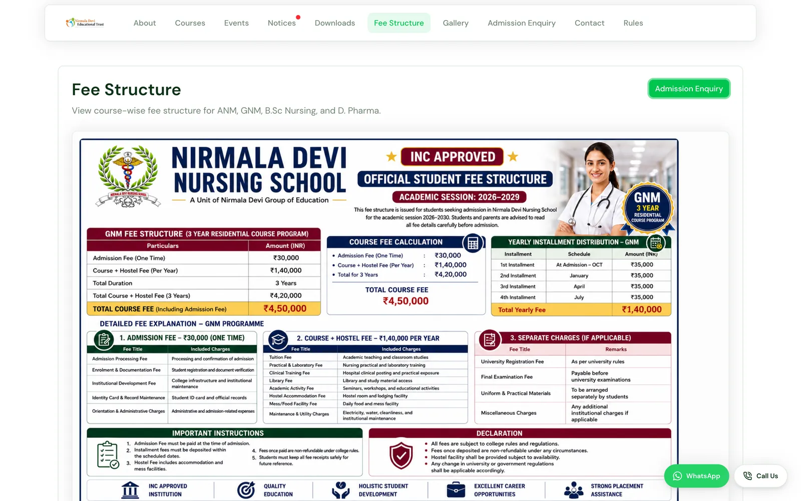 Fee structure page with the official fee chart