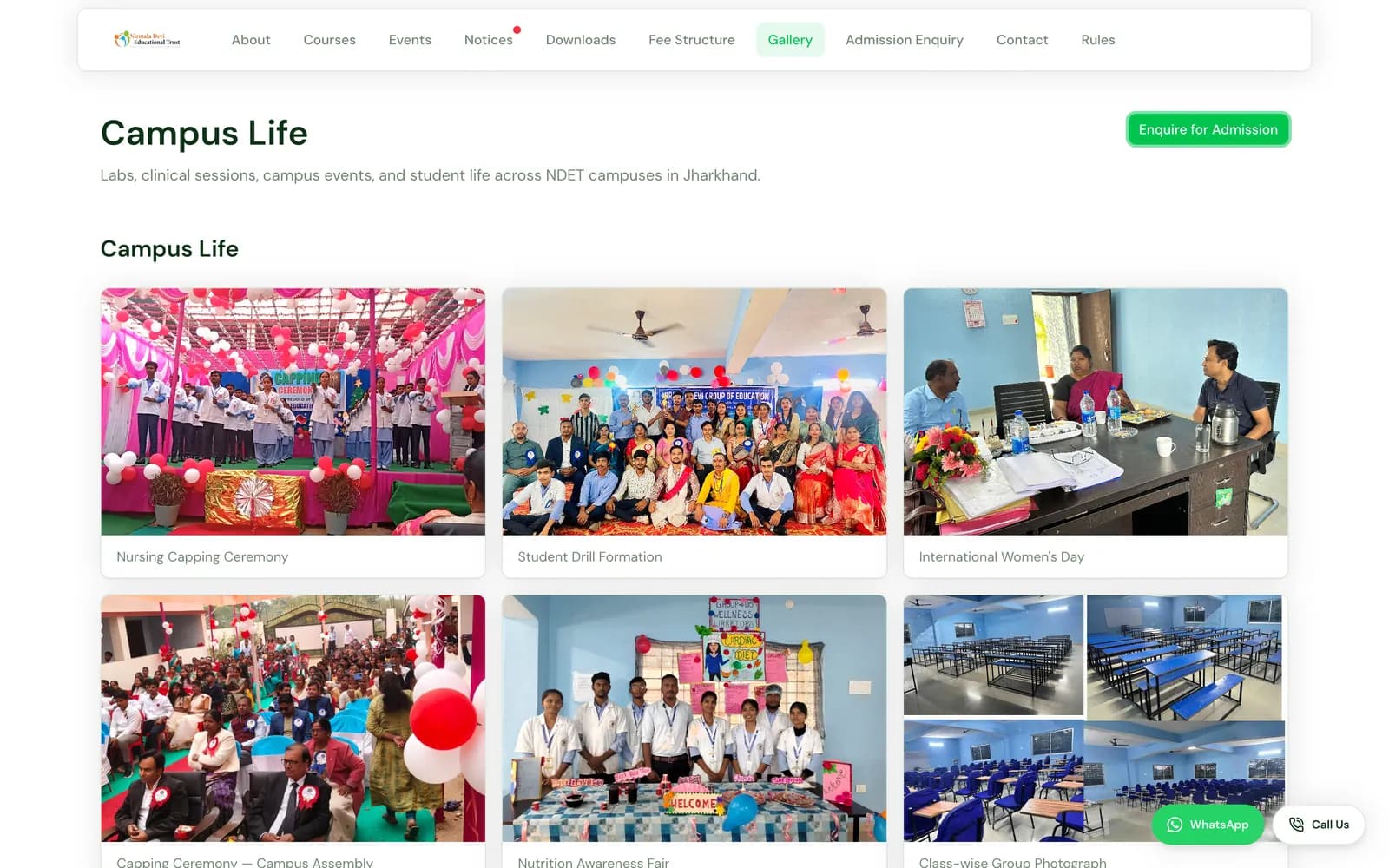 Campus life gallery with photos of ceremonies and classrooms