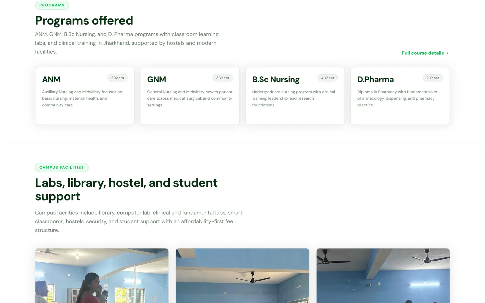 Programs offered section listing ANM, GNM, B.Sc Nursing and D.Pharma